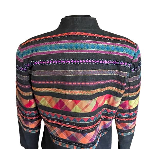Coldwater Creek Open Front Cotton Blazer Geometric Stripes Beads Sequins Sz 12 - Picture 5 of 11